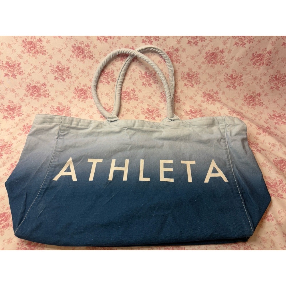 Athleta Blue Ombre Canvas Tote Bag Large Logo Gym Beach Travel Bag